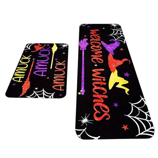 huaqianguhh 2Pcs/Set Halloween Kitchen Rugs, Anti Slip Absorbent Floor Mats, Pumpkin Black Cat Ghost Designs, Decorative Rugs for Living Room Bathroom