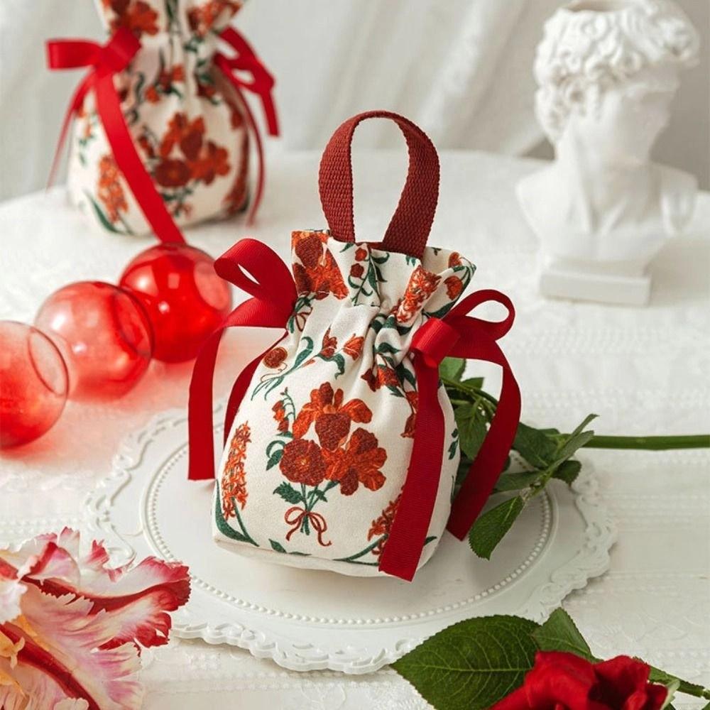 Ribbon Bow Canvas Flower Drawstring Bag Pearl Handle Festive Sugar Bag Female/Girls