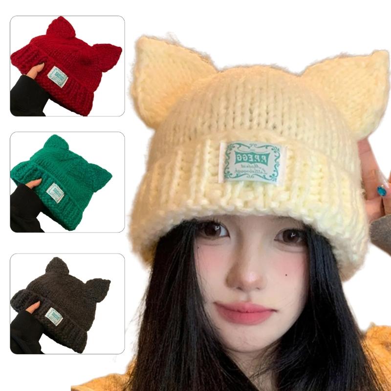 Women Winter Crochet Hat Cats Ear Knitted Hat for Girl Skiing Cycling Warm Winter Snow Hat for Christmas Present
