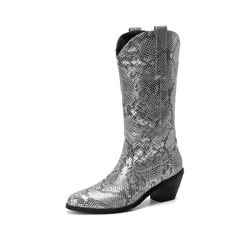 Snake Pattern Autumn And Winter Women'S Boots Medium Boots Cigarette Boots Thick Medium Heel Knight Boots 40-43 Large Size Boots