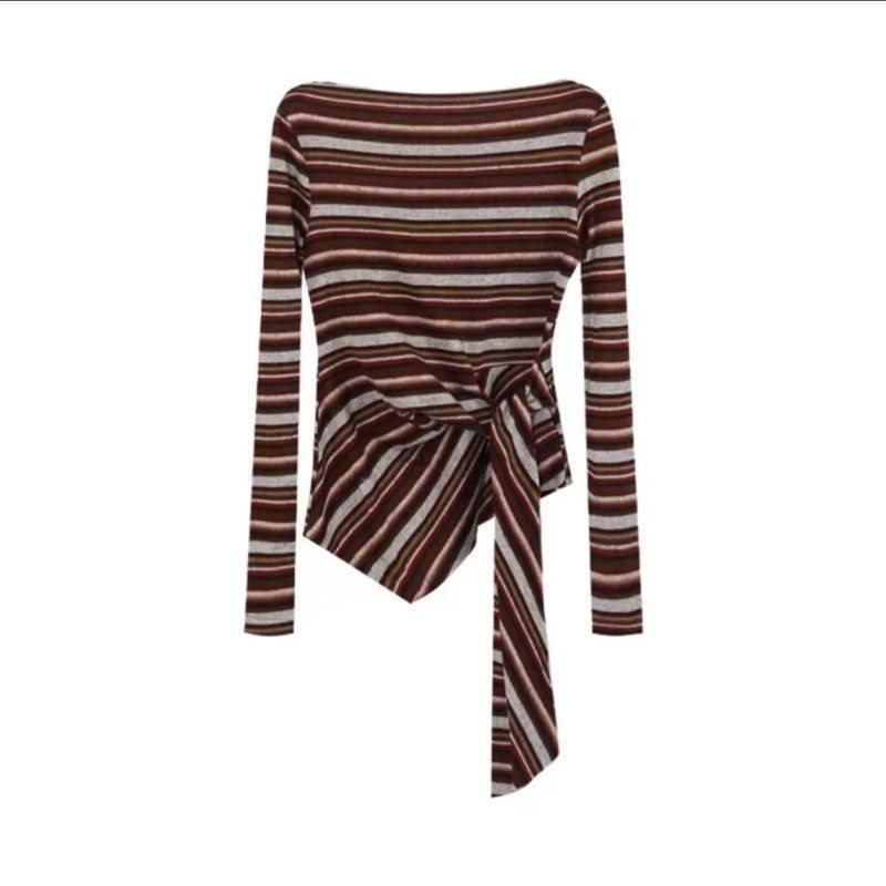 Korean Style Striped T Shirt With Tie Details For Fall Winter Fashion