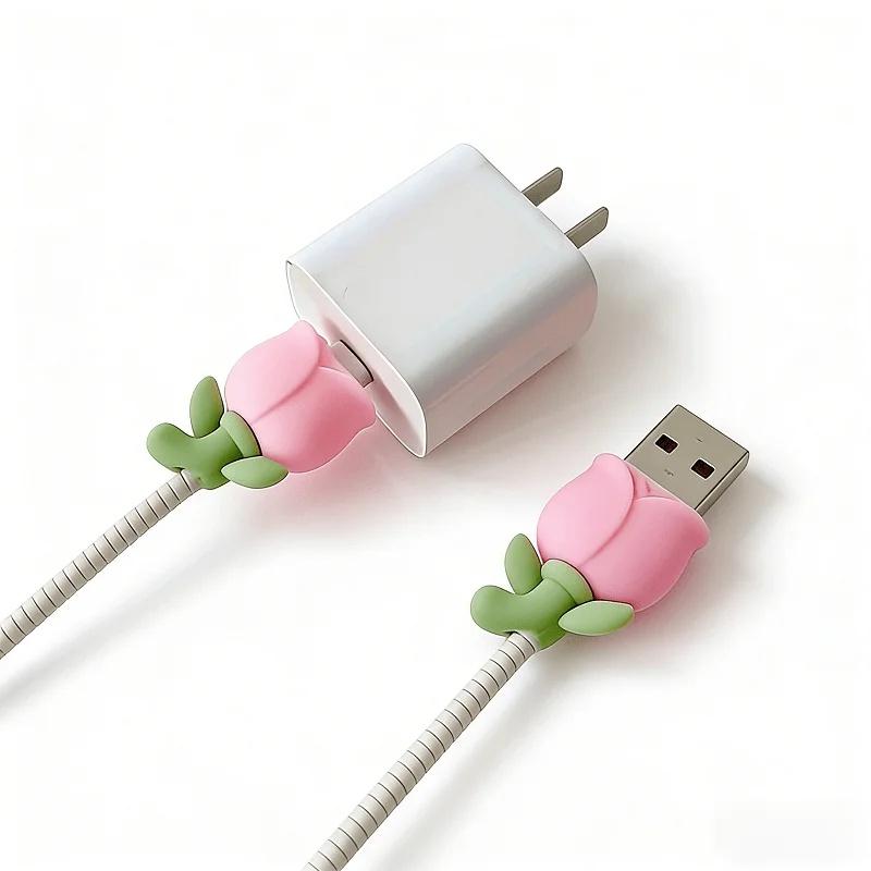 2Pcs Tulip Flower Cable Protector, Cute Decorative Charger Cable Cover, Compatible with Phone Charging Cables