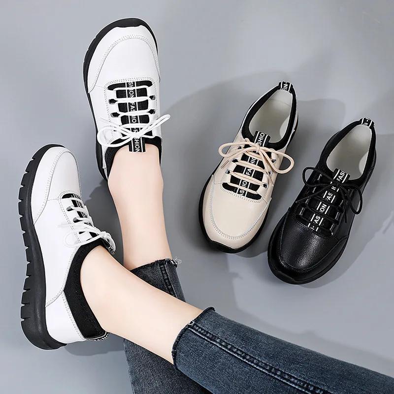 2025Women Shoes Platform Loafers Lace Up Leather Flats Trend Spring Casual Mom Shoe Mujer Zapatos Chaussure Femme