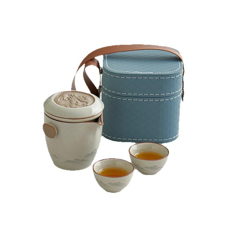 High-end Ru kiln travel tea set, one person drinking outdoor teapot teacup, portable Kung Fu tea set, Kuaike cup