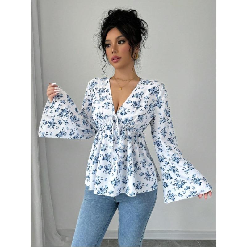 A Fresh and Sweet Autumn Style, High-waisted Printed and Youthful Floral Shirt Top for Women In Autumn and Winter