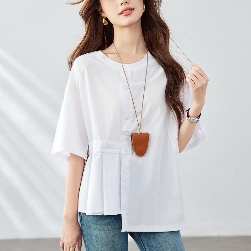Round-neck White Shirt for Women Short-sleeved Summer New Irregular Design Top Pure Cotton Shirt