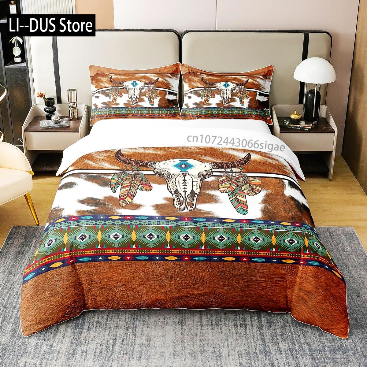 

Western Duvet Cover Comforter Cover Boho Tribal Geometry Aztec Bedding Set Queen King Bull Print Bed Sets with 2 Pillow Shams EU single(135x200cm)