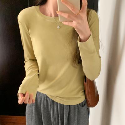 Koreanischer Stil Samt Innenschicht Schlankmachend Schlicht Rundhals Langarm T-Shirt Damen Langarm Vielseitiges Herbst- und Winter-Unterhemd Top