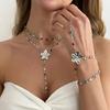 SHIXIN Trendy Colorful Crystal Long Y-Shaped Necklace Metal Flower Bracelet Collarbone Chain Summer Party Bohemian Jewelry Set