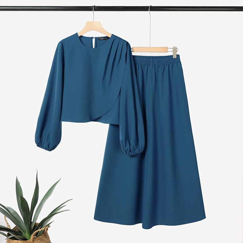 

ZANZEA Женская блузка с длинным рукавом и брюки повседневный комплект из двух частей S синий