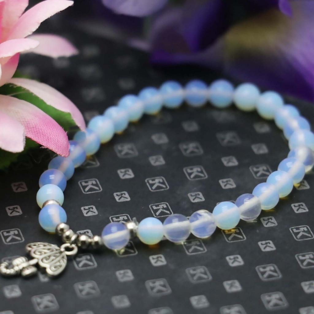 6mm Classic Round Moonstone Opal Beads Natural Stone Bracelet Hand Chain Women Girls Umbrella Pendant Tibet Silvercolor Jewelry