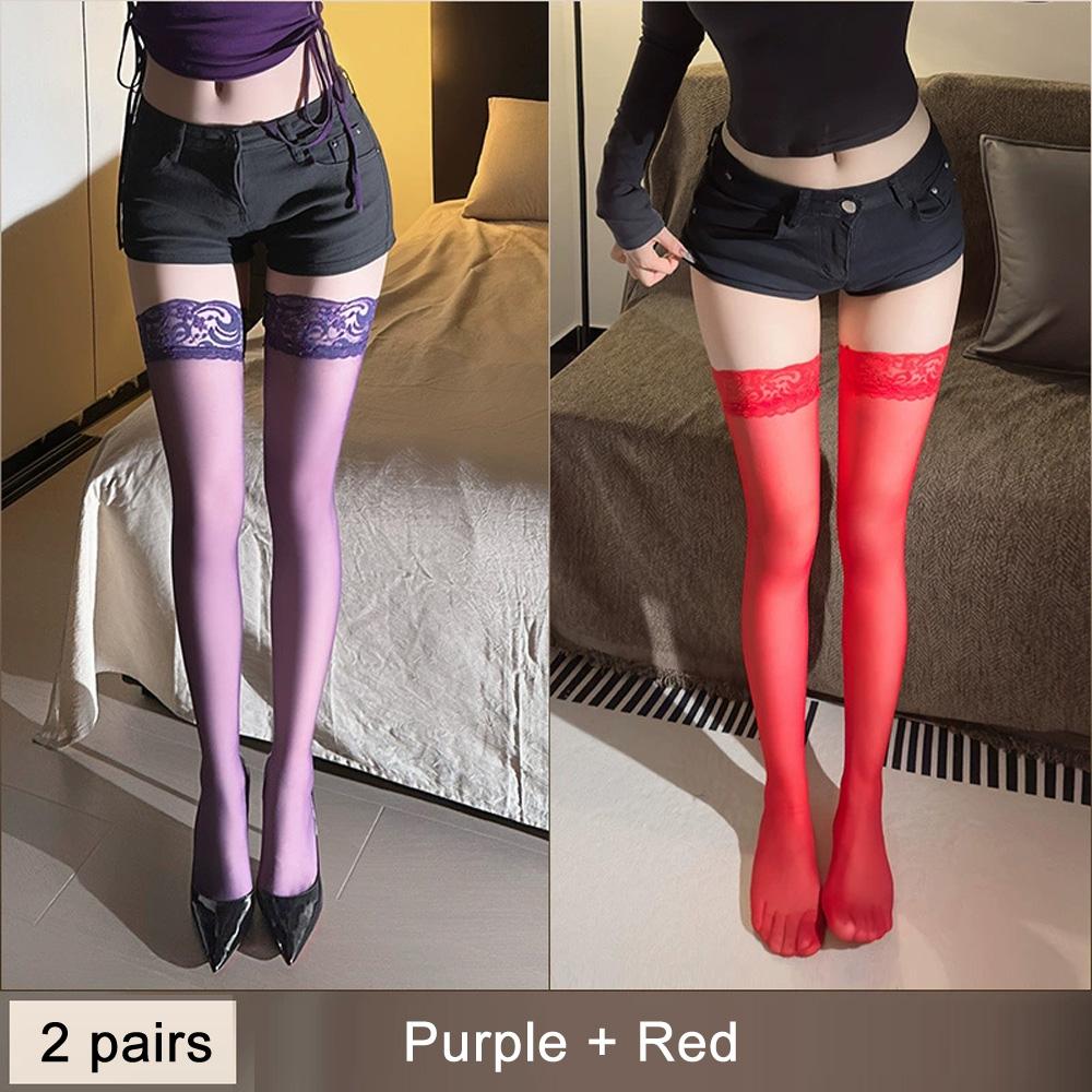 Sexy Summer Lace Women Stockings Lolita Tight Fitting Breathable Transparent Stockings Y2K Fashion Charm Purple Long Socks
