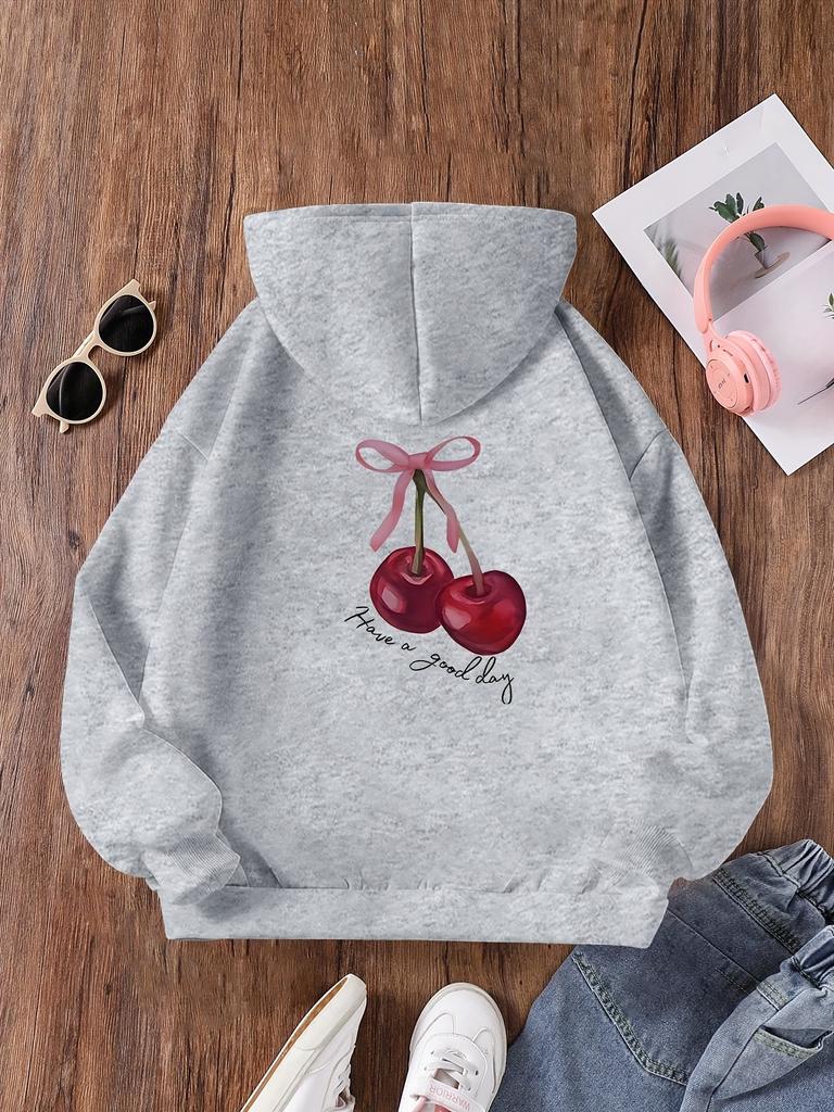 Felpa Casual Moda Bambini Autunno/Inverno Colore Unito Carino Fiocco Motivo Ciliegie Stampa Lettere, Adatta per Attività all'Aperto