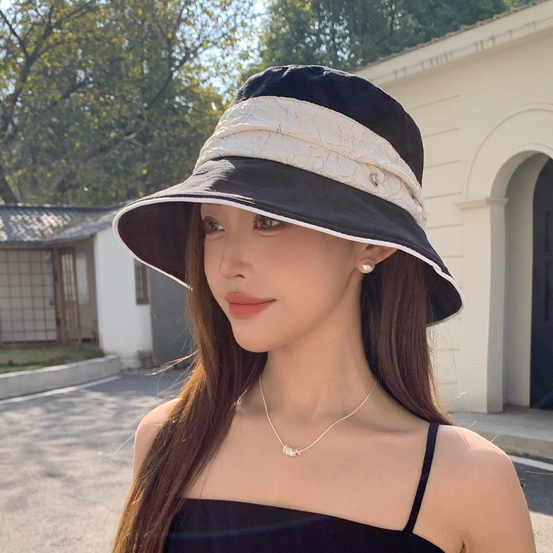 Spring and Summer Hat Women's High-end Sense Color Matching Pleated Bucket Hat Versatile Fashion Sunscreen Sunshade Basin Hat
