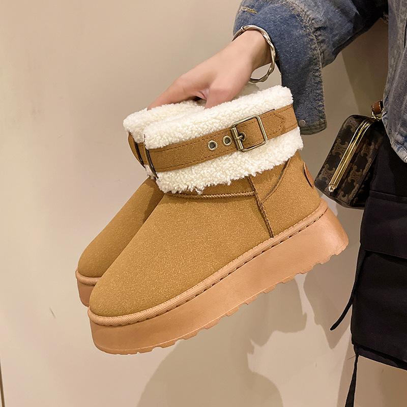 Dammode Stövlar Dam Plus Size Mocka Snökängor Casual Kort Skaft Sponge Cake Tjocksulade Bomullsstövlar Päls Plysch Sammetsskor 36-41