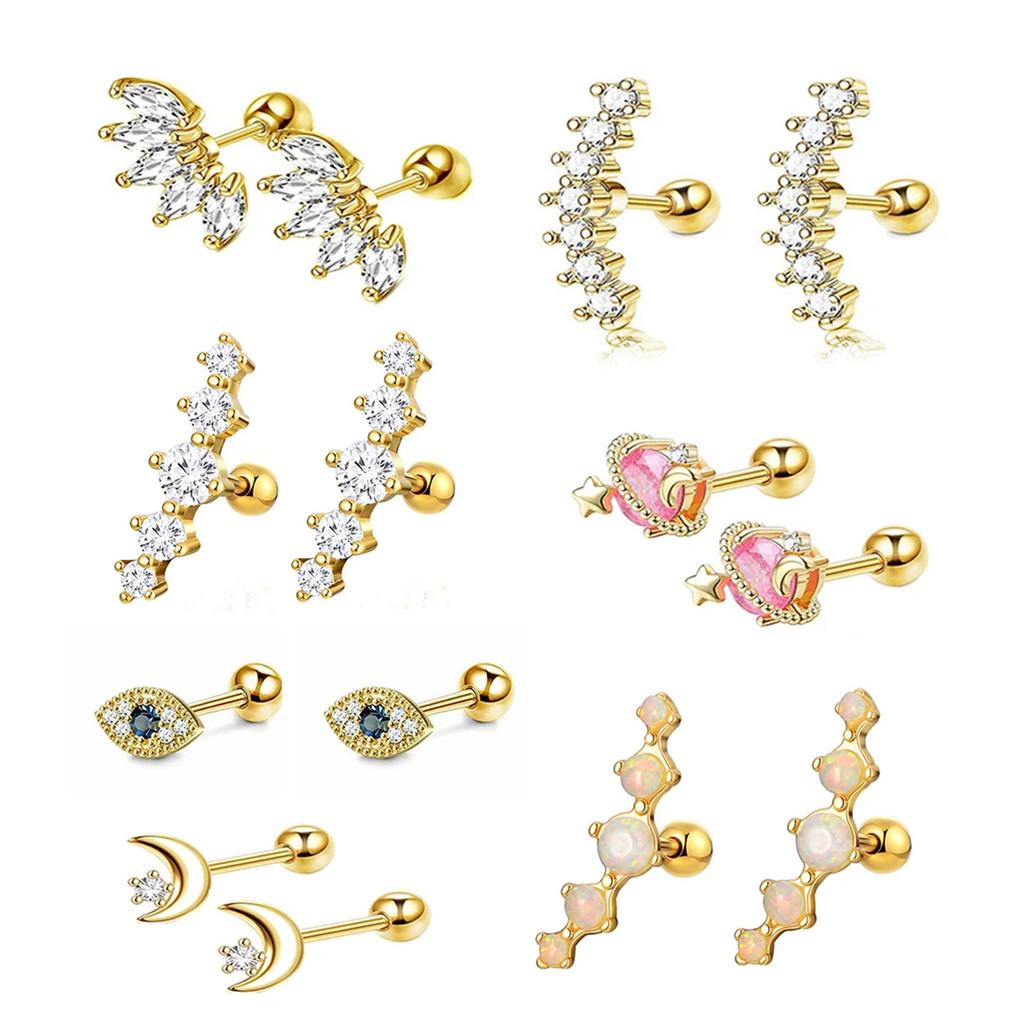 2pcs Hypoallergenic Stainless Steel Cartilage Stud Earrings,Eye Flame Moon Barbell Back Stud Cubic Zirconia Piercing Jewelry