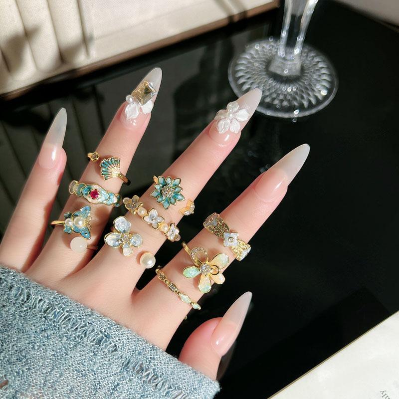 Sweet‑Cool Court‑Style Index‑Finger Ring Gilt Pearlescent New‑Chinese Lake‑Blue Enamel Flower Adjustable Fashion Ring