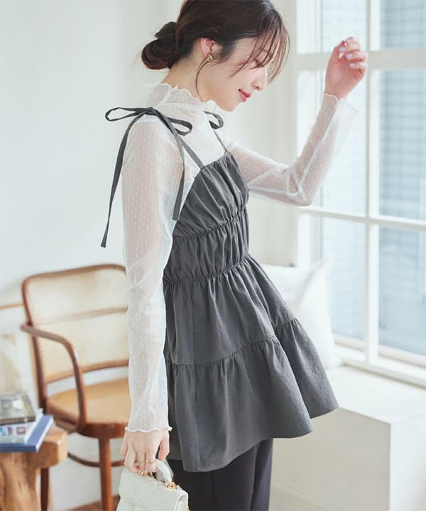 Kobe Lettuce Gathered Cami Tunic with Spring Cute Ecru Women's Ribbon, Wear, Layered, [C7390] Medium,