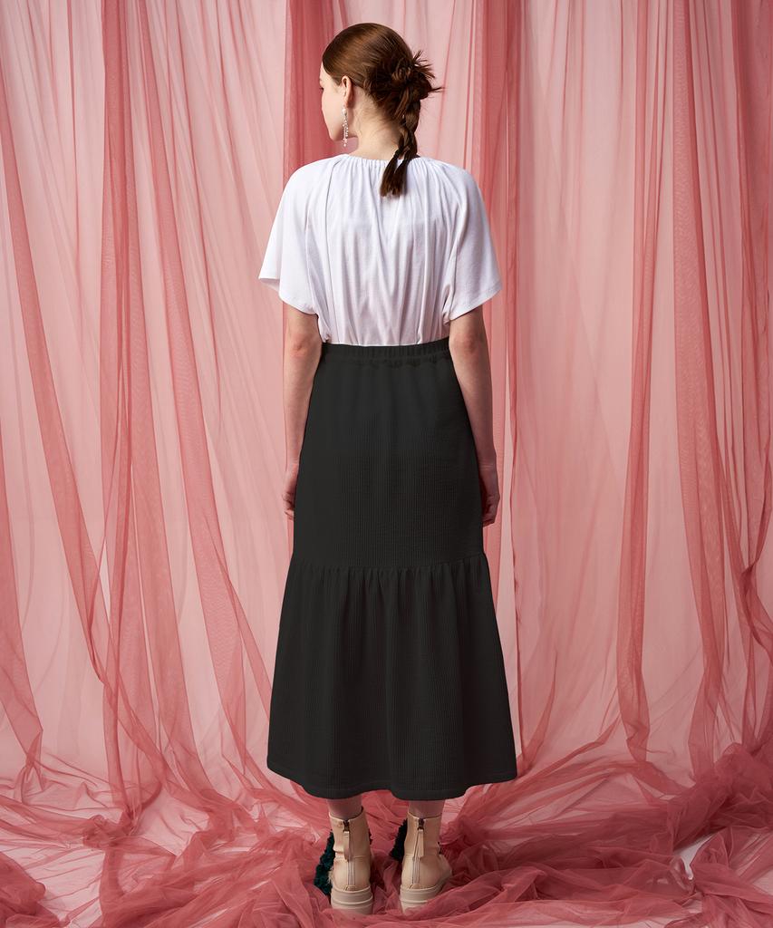 Pelimela Seersucker Flare Long Skirt (Black)