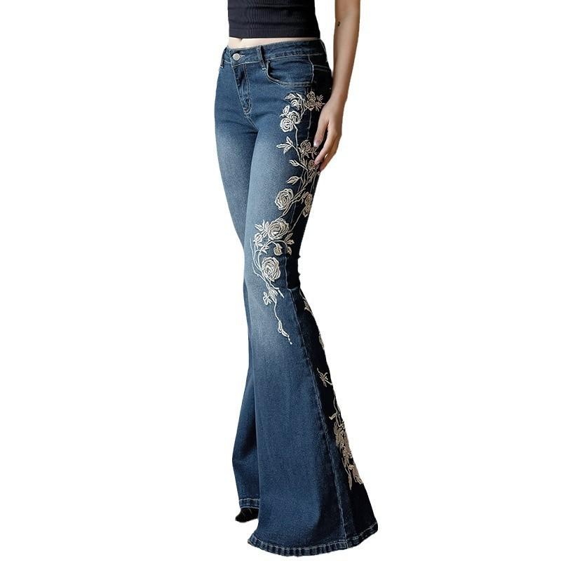 2026 New Women's Embroidered Flared Jeans, Low Waist Vintage Denim Pants with Rose Embroidery and Pocket Design for Autumn Winter