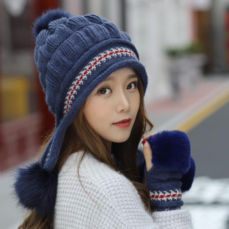 Women's Winter Velvet Rabbit Fur Knitted Wool Hat with Fur Ball and Earmuffs Beret.