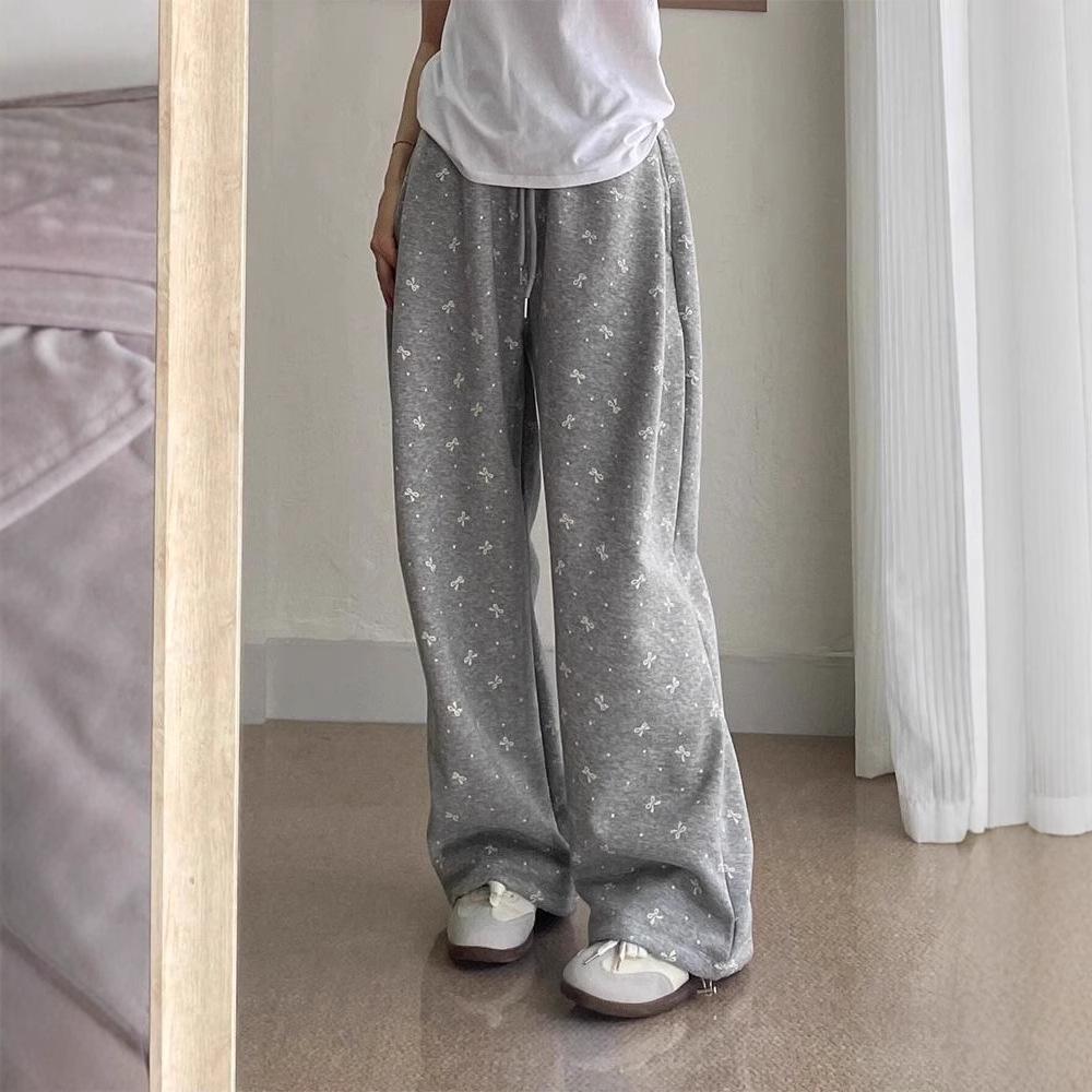 Three-Dimensional Waistband Korean Retro Bow Polka Dot Wide-Leg Grey Sweatpants Women's New Autumn/Winter Trend.