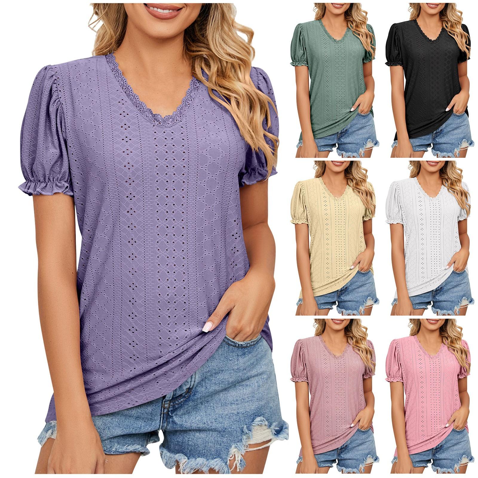 

Модная женская повседневная однотонная кружевная футболка с рукавами принцессы и v-образным вырезом