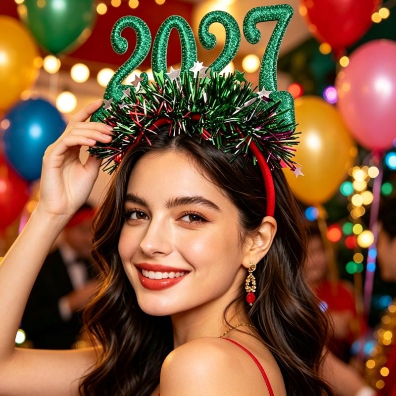 Bentiță Anul Nou 2027 Accesoriu de Păr Festiv pentru Petreceri de Crăciun cu Detaliu Cifra Strălucitoare și Ornamente cu Stele Mici