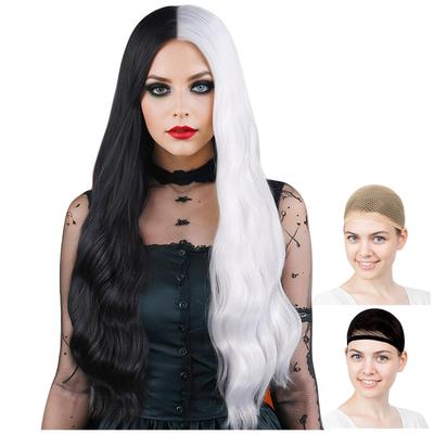 CaseEden Cosplay Wig, Wavy Hair, Center Part, Long, 60cm, Heat Resistant, Black & Silver, WIG6196