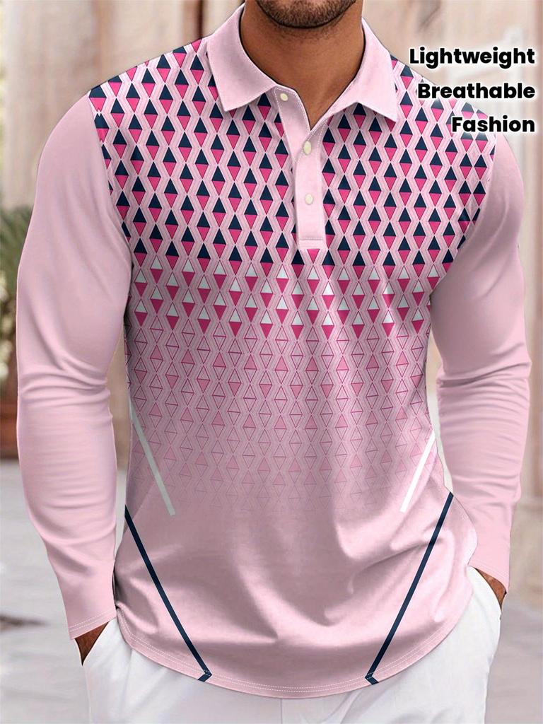 Lightweight Breathable Fashion Long Sleeve Polo Shirt with Stylish Geometric Pattern.