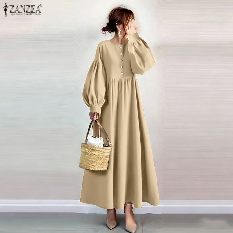 ZANZEA Lässiges Damen-Kleid mit Rundhalsausschnitt, langen Ärmeln und lockerem langem Kleid