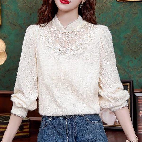 

Stylish Stand Collar Lace Base Layer: Small, Thickened Velvet, Long Sleeve Top for Autumn/Winter in New Chinese Style S 78-90 jin