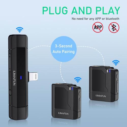 KIMAFUN Wireless Lapel Microphone for iPhone/iPad, Compatible with Two People Simultaneously, Plug & Play, Instant Connection, Noise Reduction, 360 S