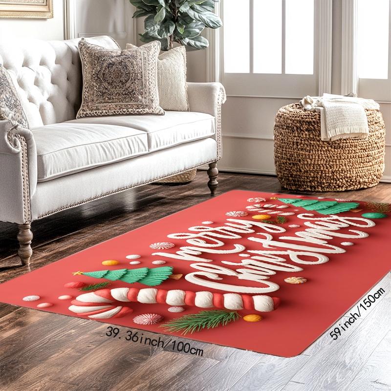 1pc Large Rectangular Christmas Doormat - Non-Slip Backing, Machine Washable Indoor/Entryway Mat with Red Base and White Candy C