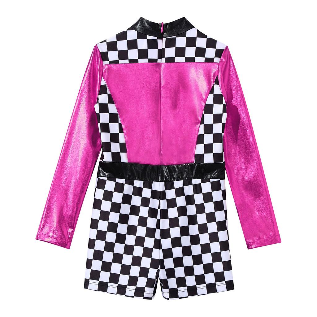 Dívčí závodní auto Kostým závodnice Šachovnicový potisk s dlouhým rukávem Barevný blok Patchwork Záda Zip Krátká kombinéza Cosplay Kostým