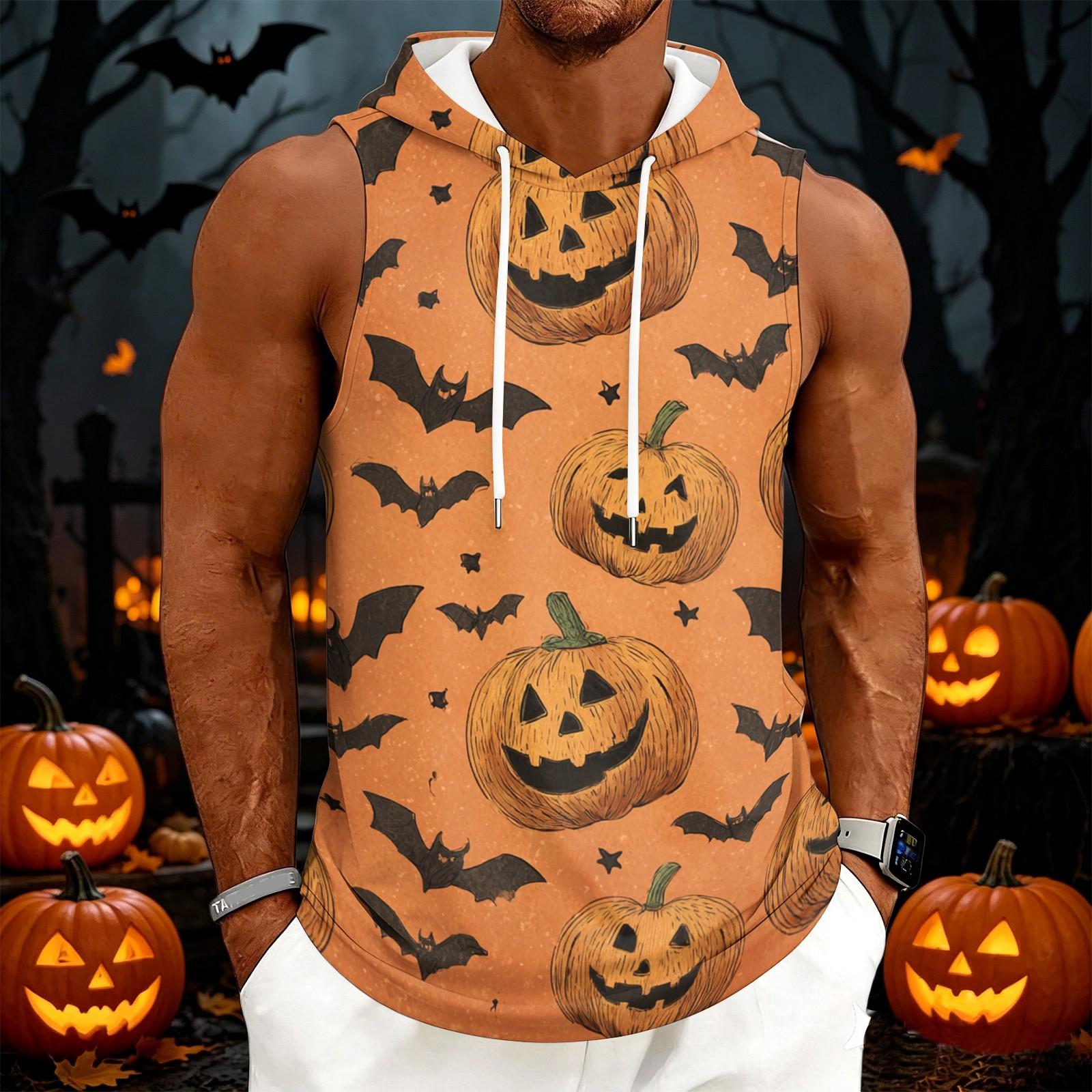 Men s Casual Halloween Print Hooded Sleeveless Drawstring Tank Top Lightweight Summer Muscle Shirt XXXL