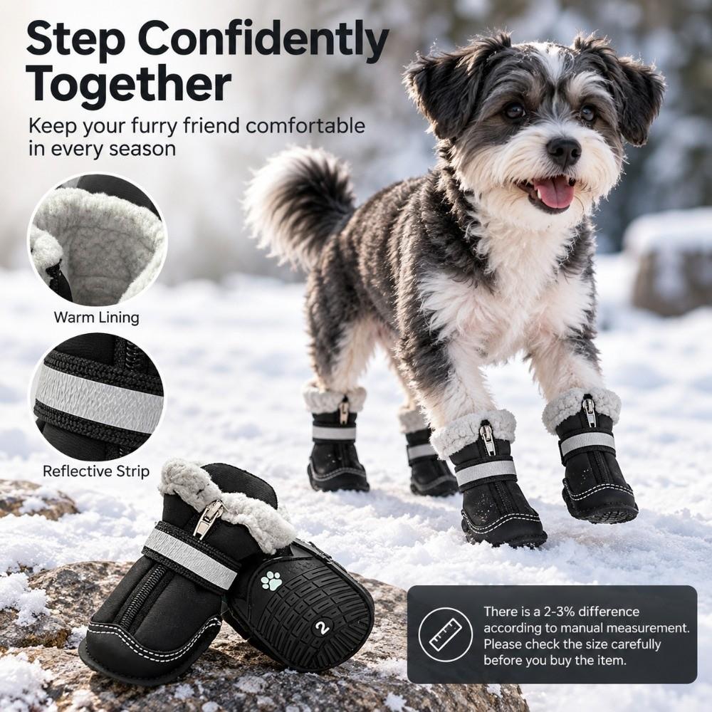 4Pcs Set Anti-Slip Dog Snow Boots Reflective Straps Winter Dog Shoes Winter Outdoor Walking