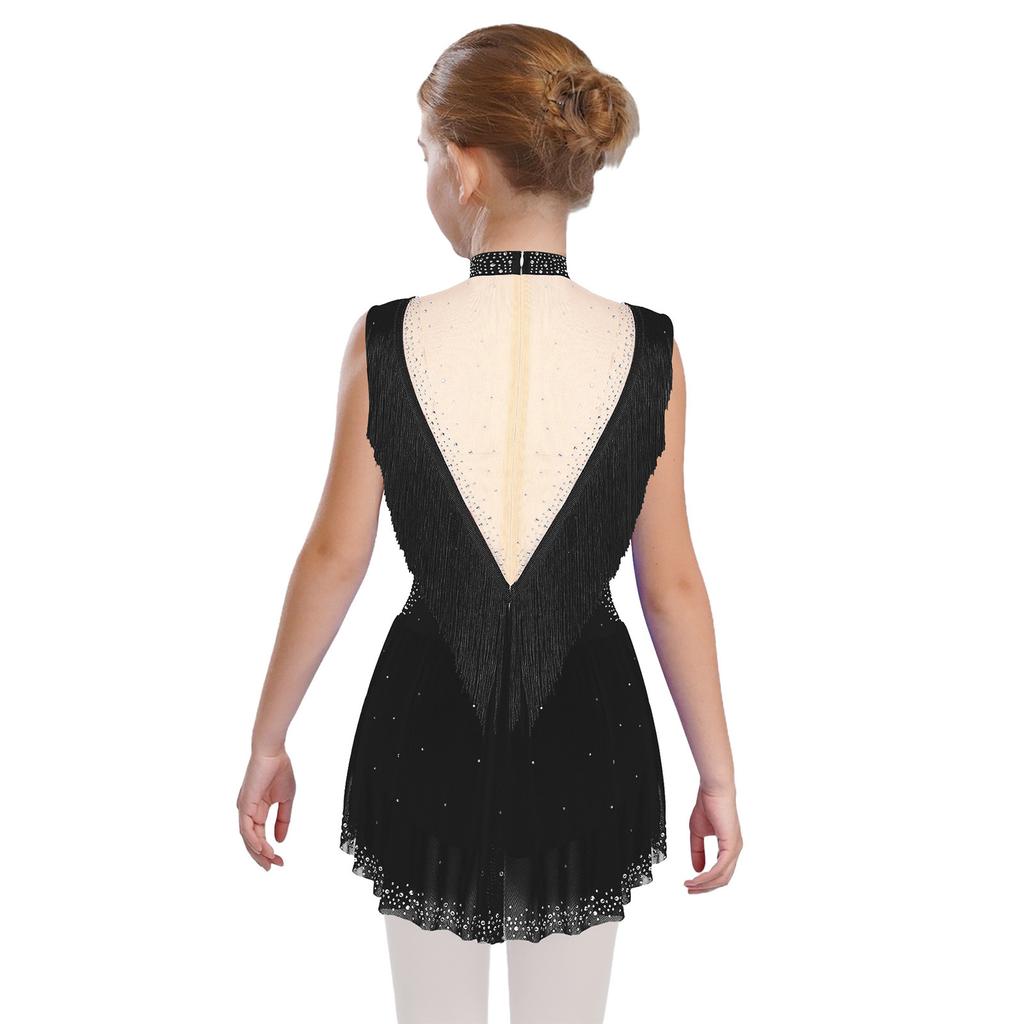 Girls Sparkling Rhinestones Dance Leotard Mock Neck Sleeveless Invisible Zipper Back Sheer Mesh Skirted Bodysuit
