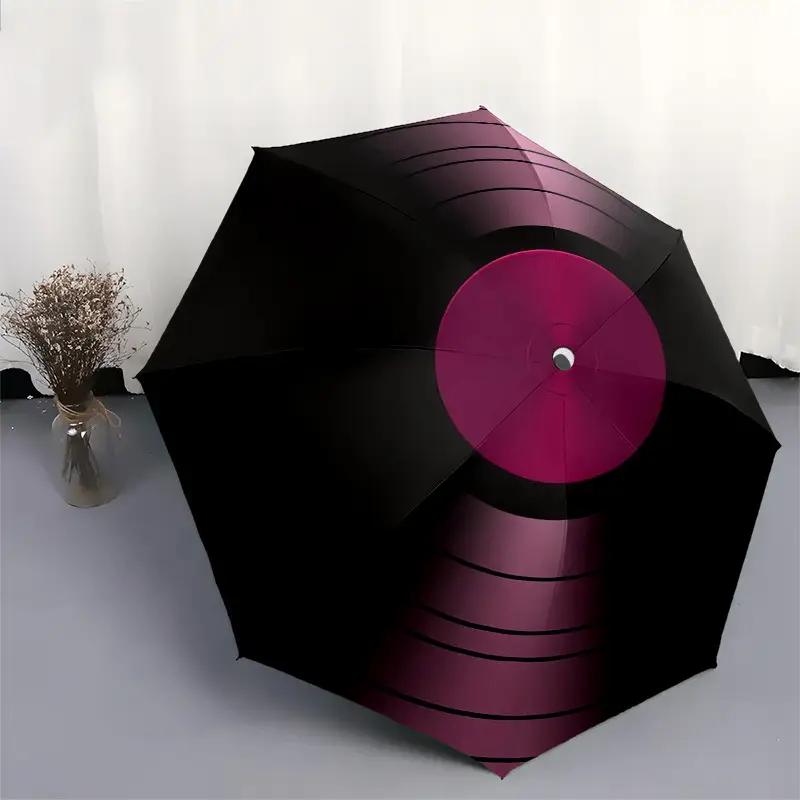 8-Rib Reinforced Automatic Open/Close Vinyl Record Umbrella - Lightweight Durable Compact Folding Beach Umbrella with Vibrant