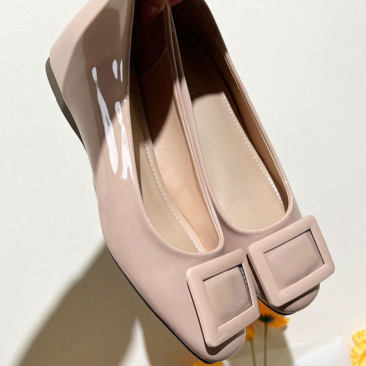 Height-increasing Square Head Single Shoes Women's Spring and Autumn 2025 New Versatile Square Buckle Light Mouth Nude Soft Patent Leather Flats
