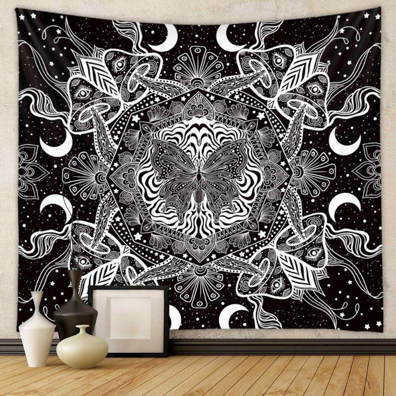 Tarot Zodiac Wheel Wall Tapestry Black Background Sun Moon Face Twelve Constellation Card Astrology Occult Mystical Decor