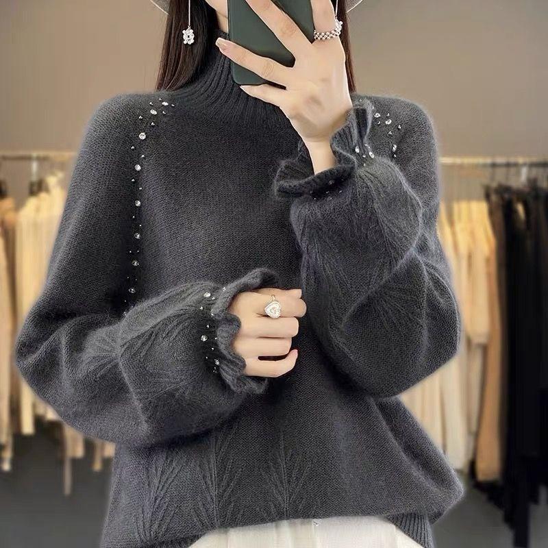 Women's Turtleneck Sweater Autumn Winter Beaded Loose Sweater Solid Color Pullover Knit Top