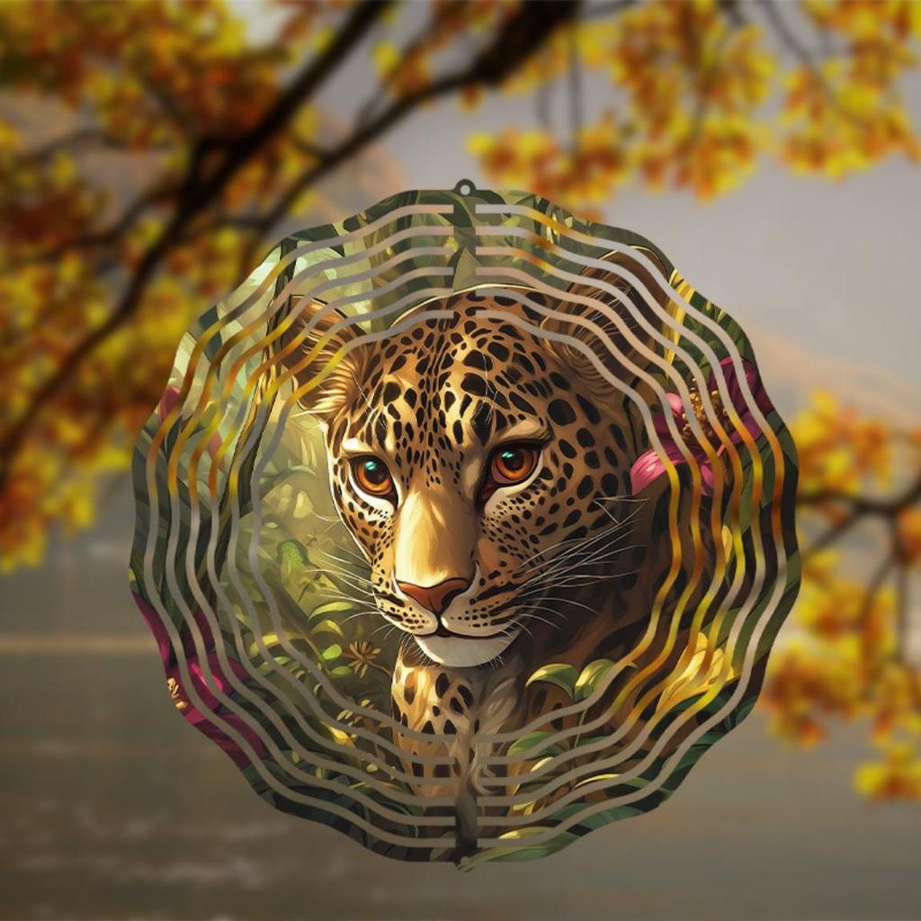 10 Inch Metal Leopard Wind Spinner Outdoor Garden Decor Hanging Wind Chime for Patio Yard 360 Rotating Hook Vibrant