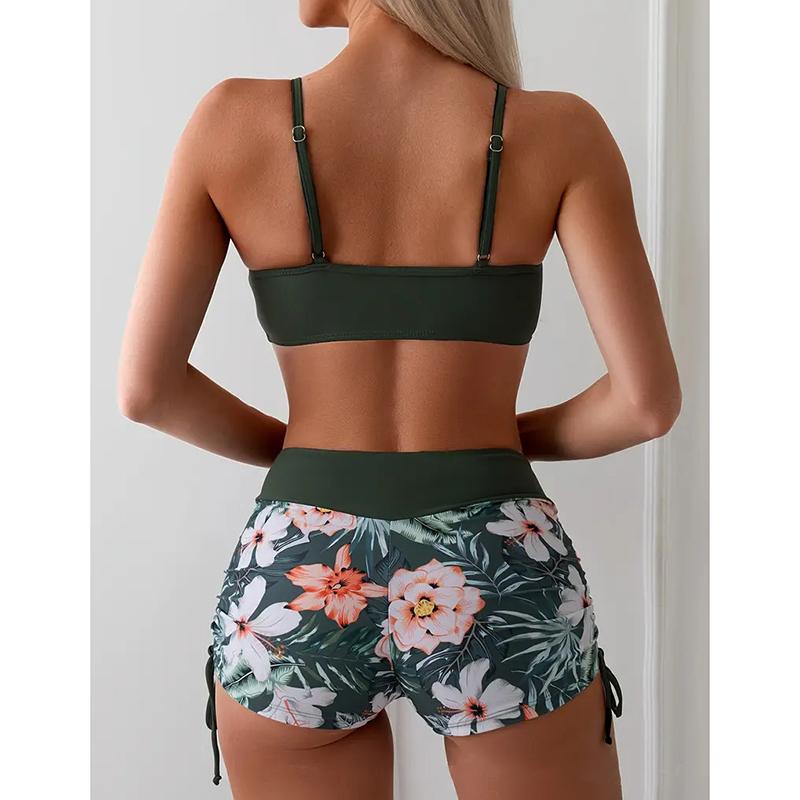 Two Piece Women Swimsuit Bathing Suits Floral Tropical High Waist Beachwear Board Shorts Halter Tops Bikinis Set