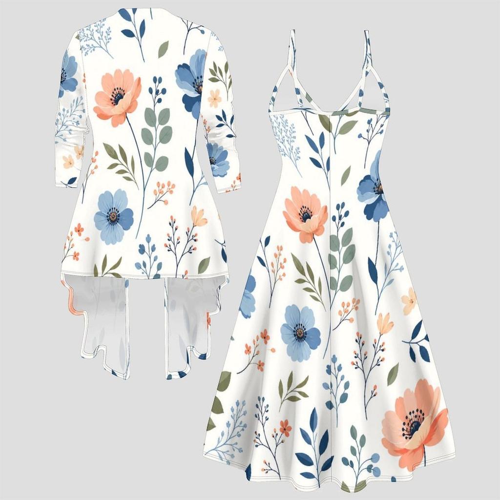 Women Plus Size Two Piece Set Long Sleeve Jacket Cami Maxi Dress