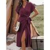 Solid Color Summer Women Fashion Lace Up Wrap Dress with Forged Slit Design