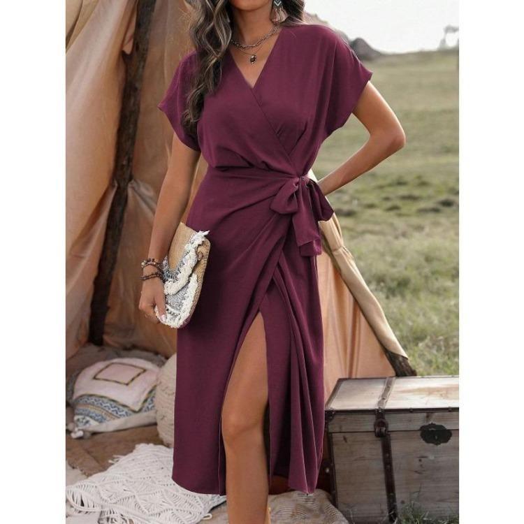Solid Color Summer Women Fashion Lace Up Wrap Dress with Forged Slit Design