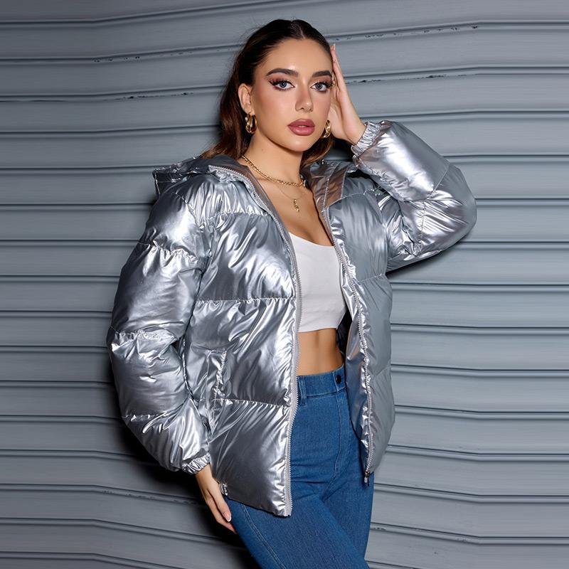 Winter Trendy Shiny Hooded Down Coat Women Long Sleeve Solid Color Slim Fit Cotton Warm Parkas Jacket