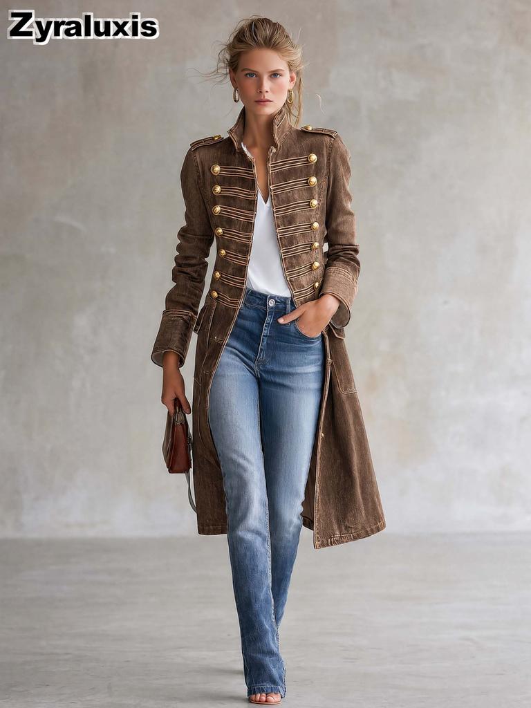 Metal Ribbed Denim Long Coat for Women - French Classic