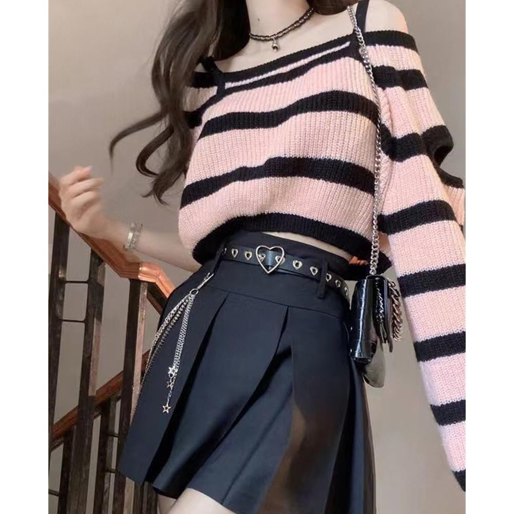 [SDSXZWG] "Jirai-kei" (Landmine-style) Knit Sweater 2-Piece Set for Women: Off-Shoulder Striped Long-Sleeve Top and Solid Color Pleated Skirt (No Belt